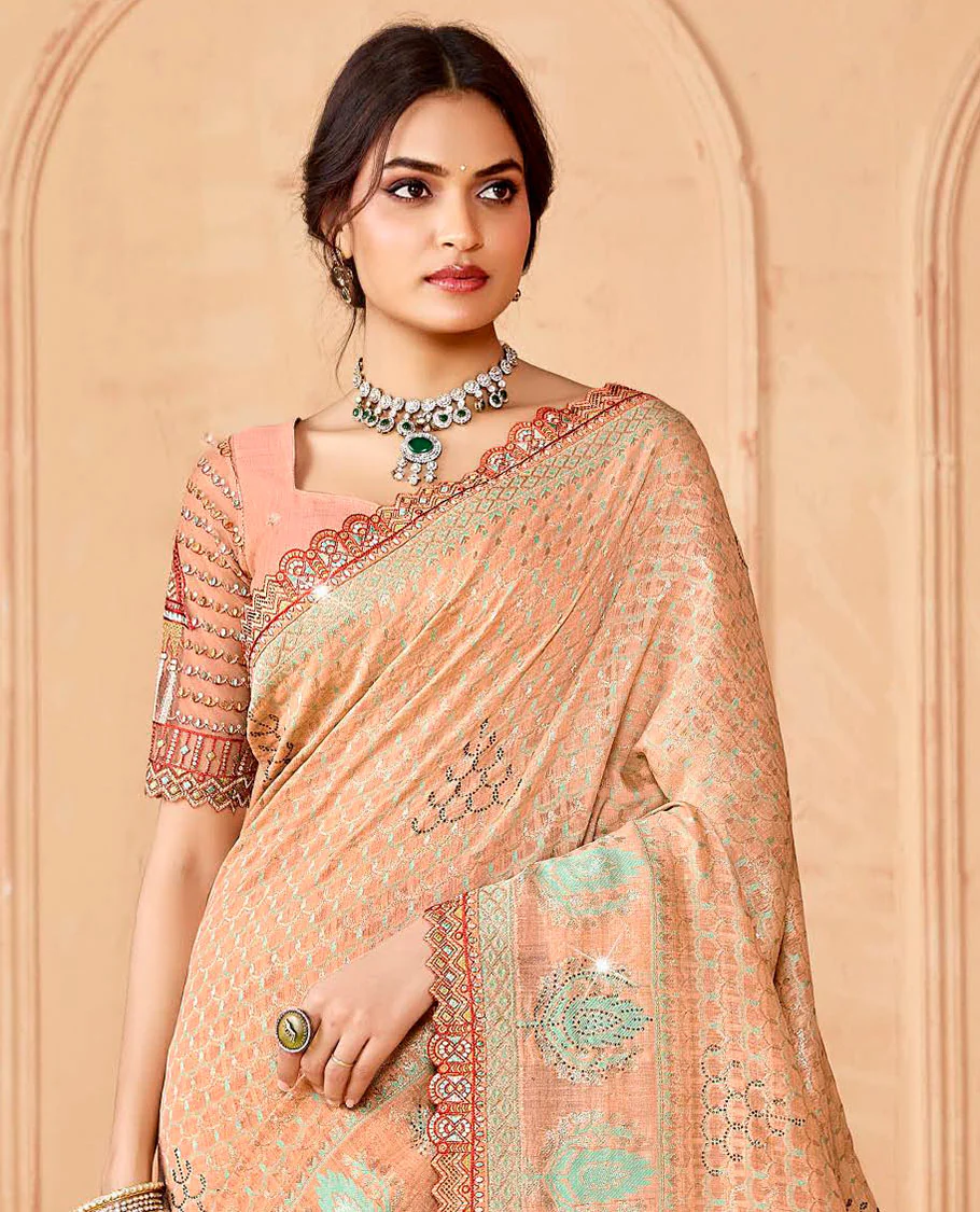 Peach jaal design and micro-stone work designer saree, embroidered scallop border, and pallu of leaf patterns and stone work - Image 2