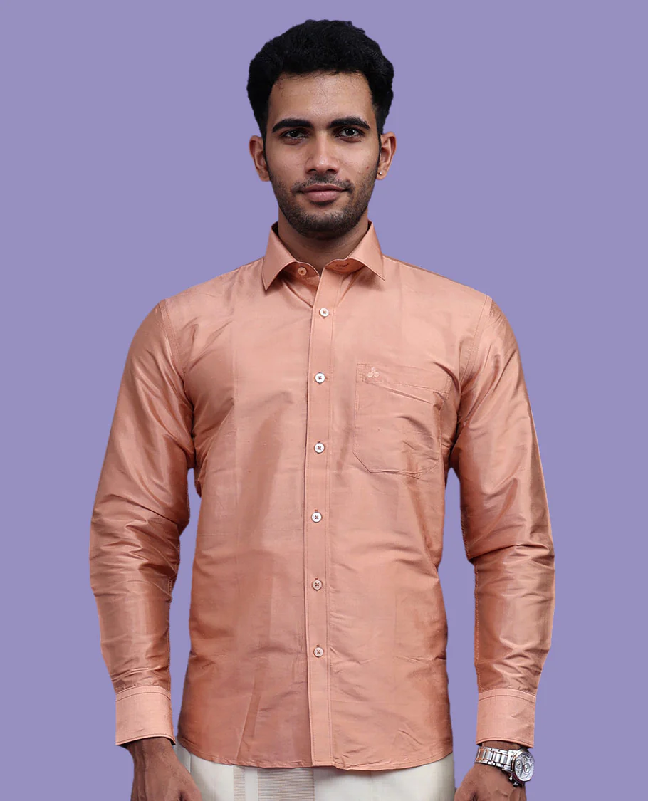 Peach plain design full-sleeve pure-silk shirt - Image 19