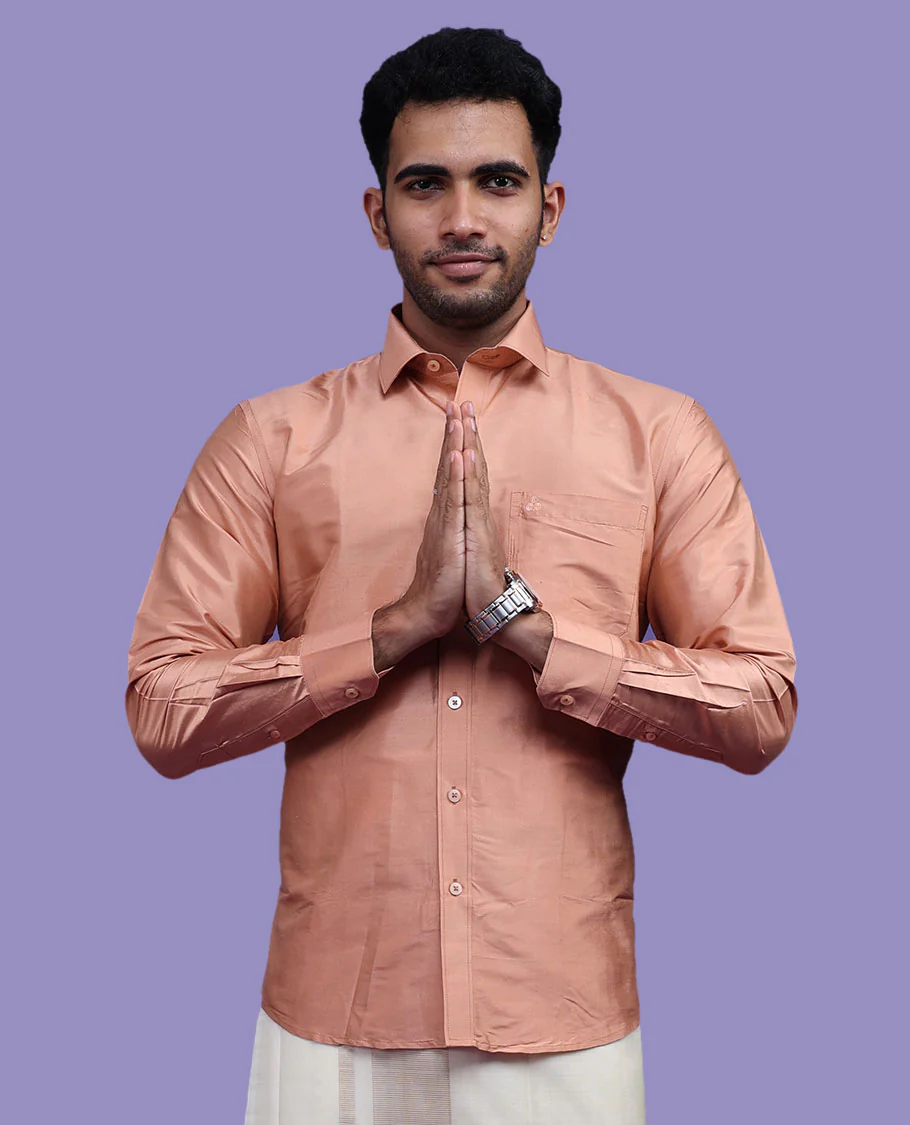 Peach plain design full-sleeve pure-silk shirt - Image 21
