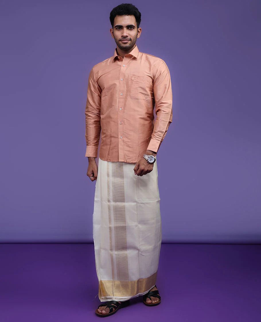 Peach plain design full-sleeve pure-silk shirt - Image 22