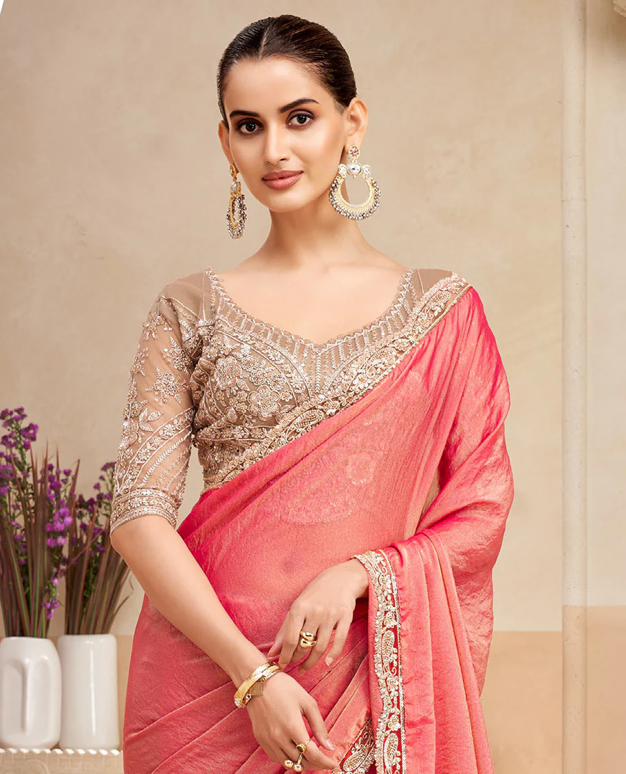 Peach plain designer saree, contrast scallop embroidered border - Image 2