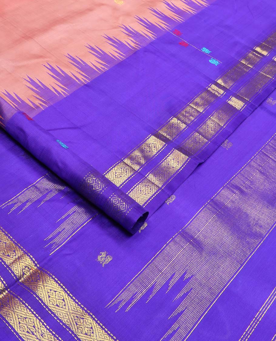Peach zari buttas Kanchipuram silk saree, contrast one-sided thazampoo rekku border of thread mayil motifs and zari rettai pettu design, and zari design pallu - Image 2