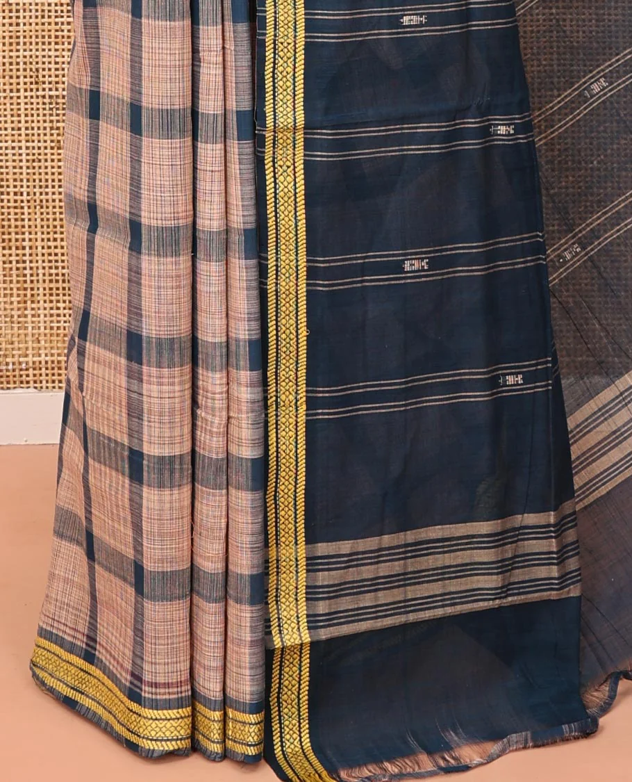 Peacock Blue Andhra Cotton Saree, Woven with Big Checked Design All Over Its Body, Subtly Sparked with a Traditional Border, Pallu of Stripes, and Paired with a Matching Blouse - Image 3