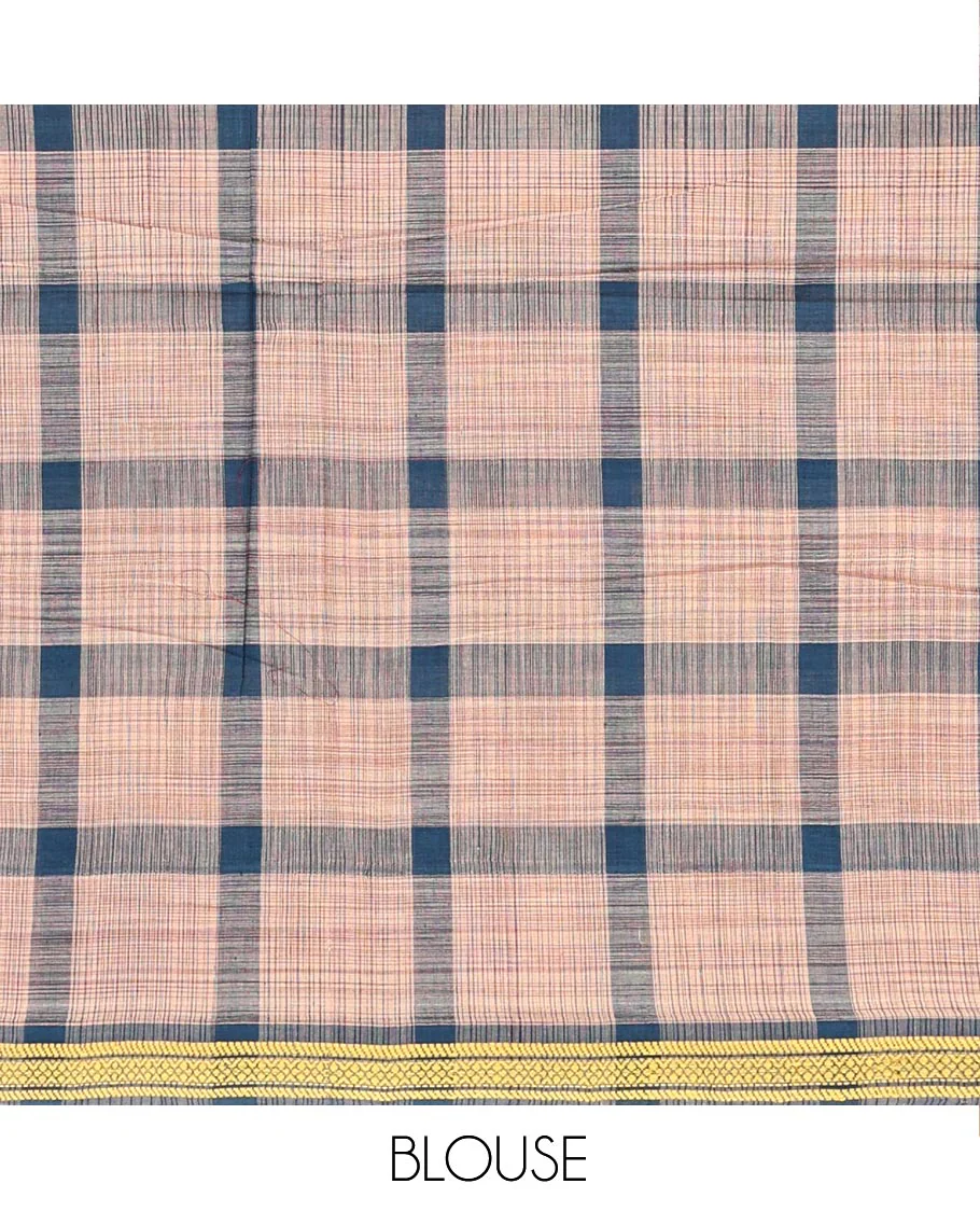 Peacock Blue Andhra Cotton Saree, Woven with Big Checked Design All Over Its Body, Subtly Sparked with a Traditional Border, Pallu of Stripes, and Paired with a Matching Blouse - Image 4