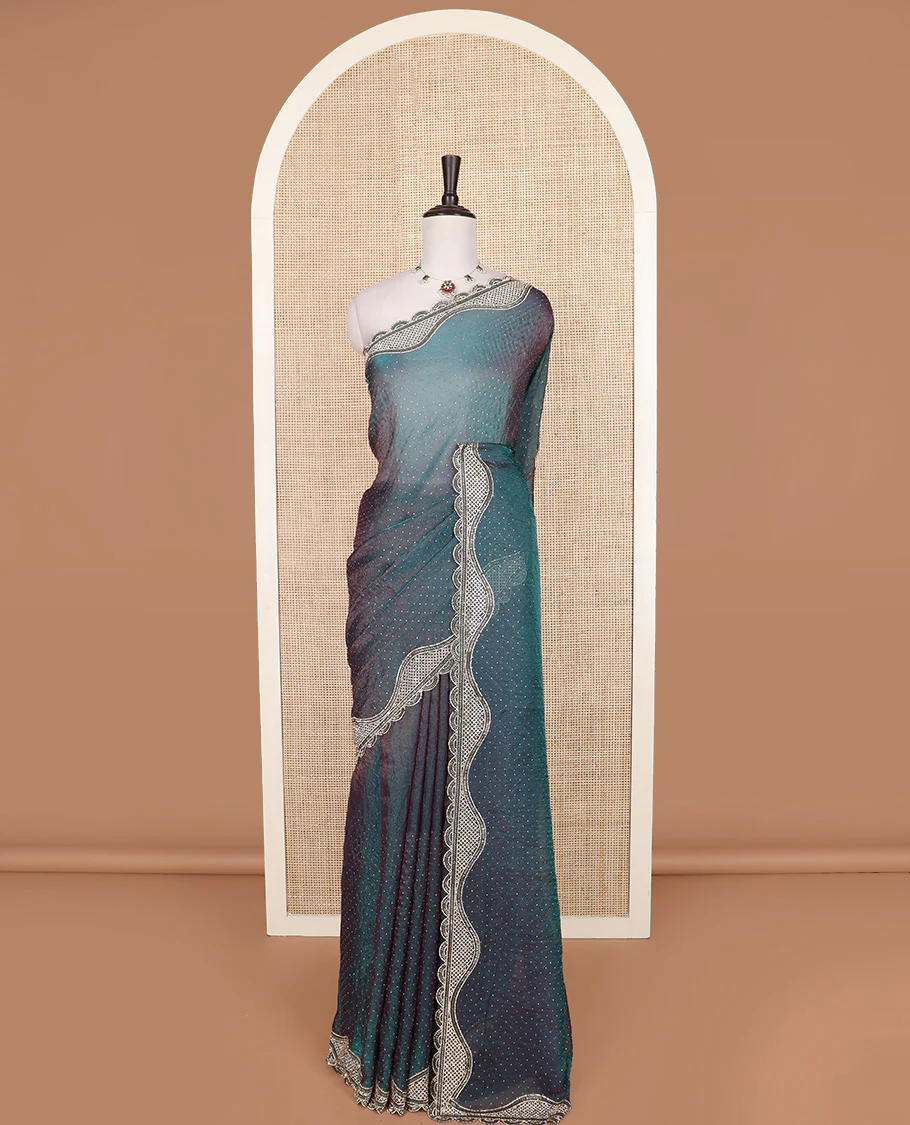 Peacock blue micro-stone work designer saree, scallop micro-stone and tube bead embroidered border - Image 2