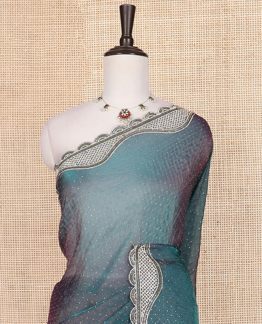 Peacock blue micro-stone work designer saree, scallop micro-stone and tube bead embroidered border - Image 3