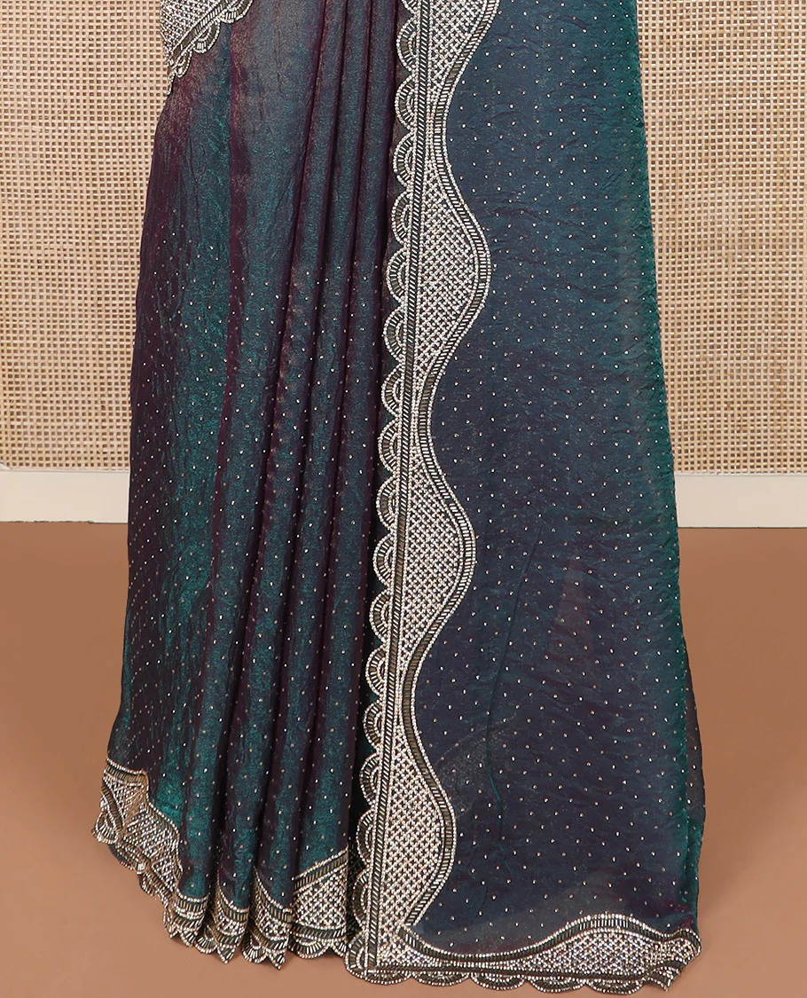 Peacock blue micro-stone work designer saree, scallop micro-stone and tube bead embroidered border - Image 4