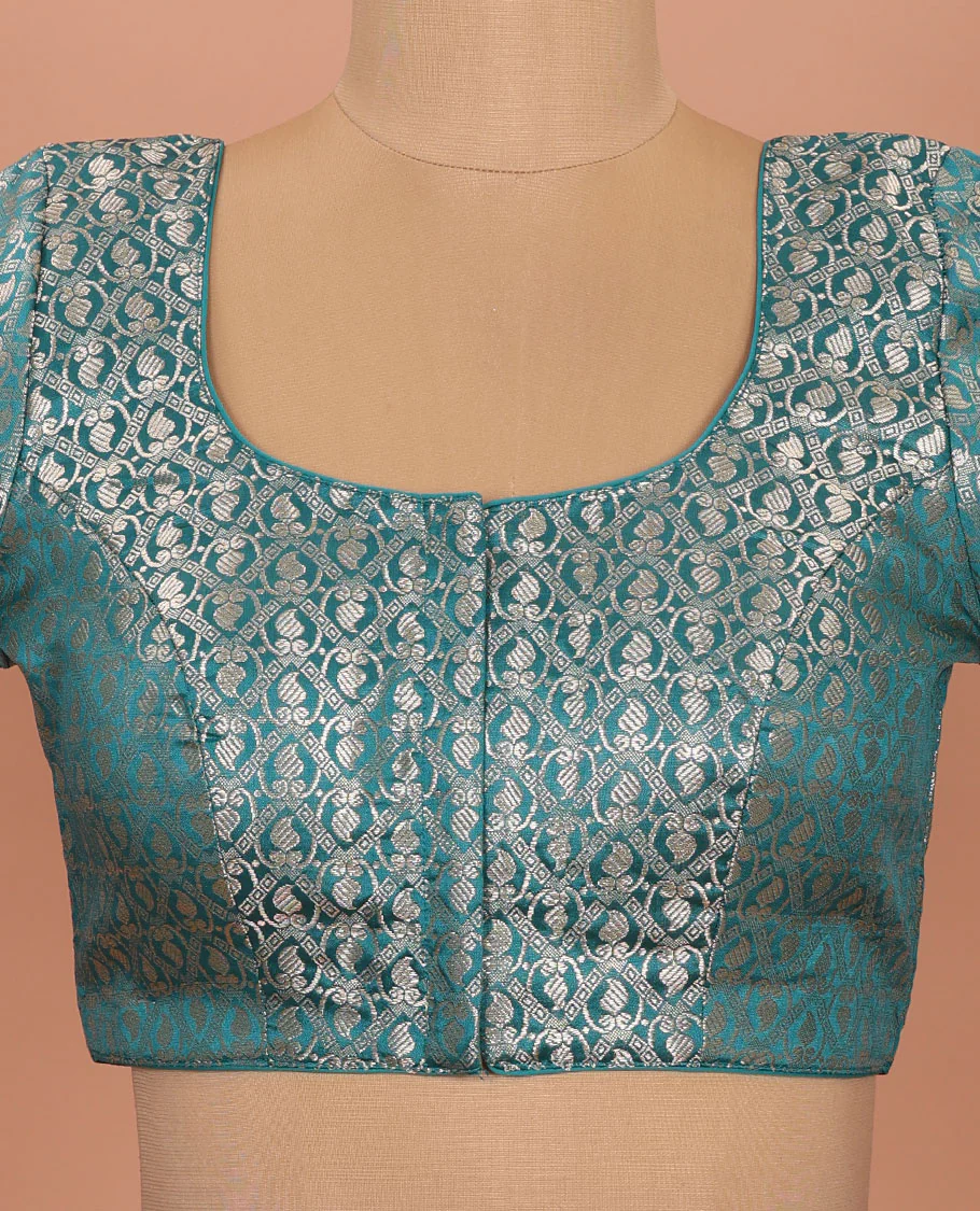 Peacock blue paisleys-theme jacquard front-back round neck elbow-sleeve readymade blouse - Image 3