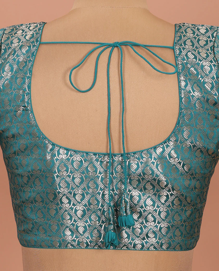 Peacock blue paisleys-theme jacquard front-back round neck elbow-sleeve readymade blouse - Image 4