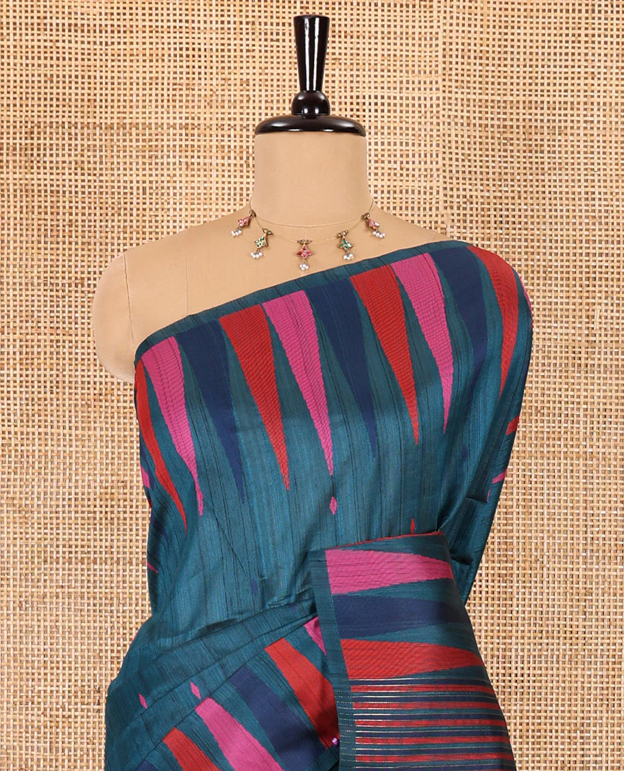 Peacock color thread buttas woven jute cotton saree, multi-color temple border, striped pallu, and a matching striped blouse - Image 3