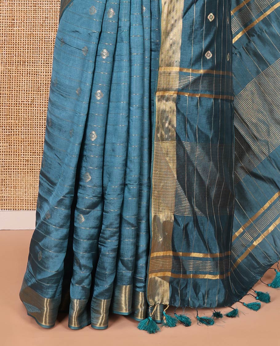 Peacock color zari buttas and striped banana pith saree, bavanji border, zari striped pallu, and a matching blouse - Image 3