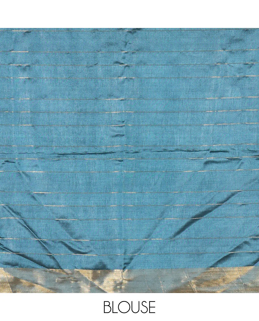Peacock color zari buttas and striped banana pith saree, bavanji border, zari striped pallu, and a matching blouse - Image 4