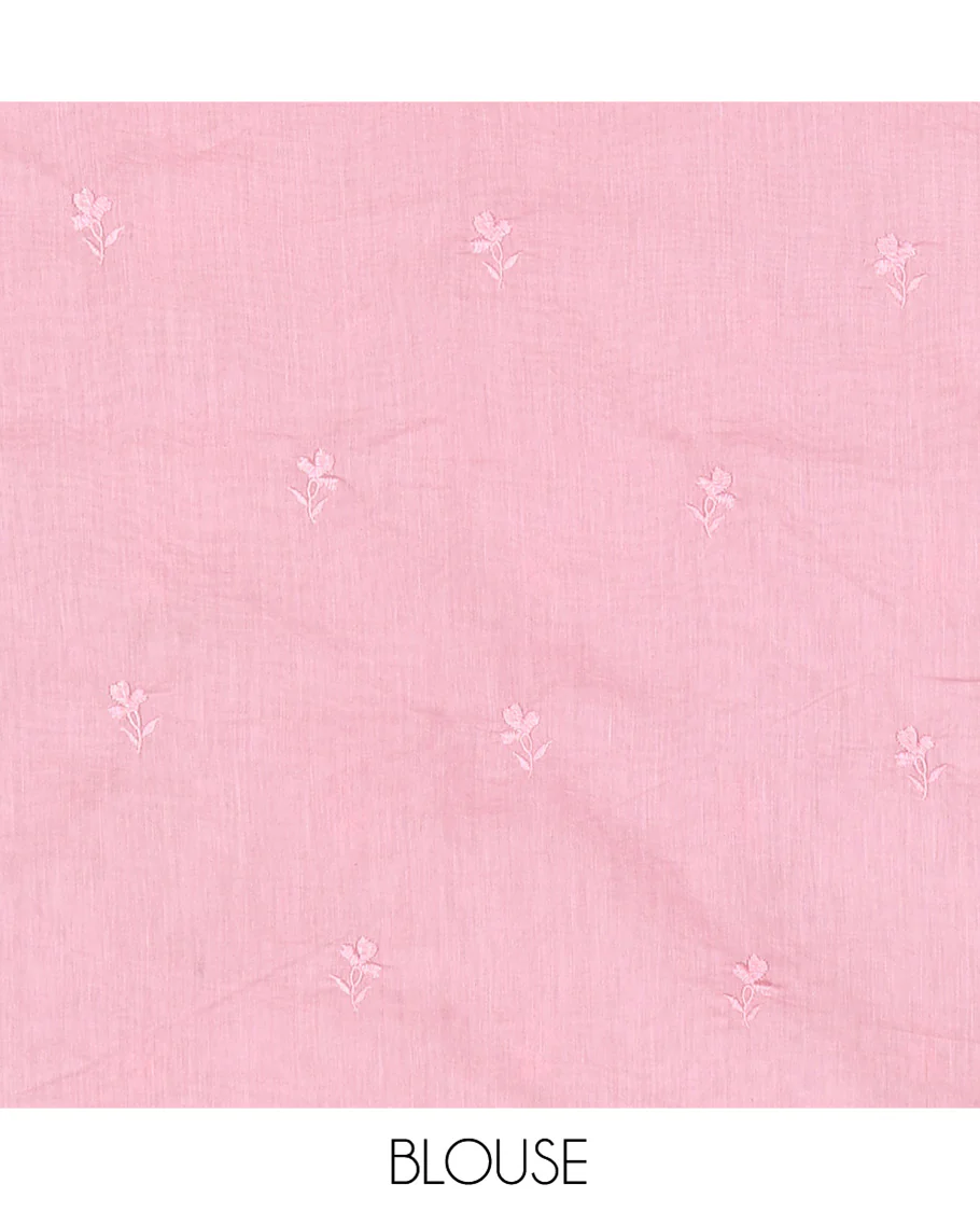 Pearl Pink Organza Saree, Delicately Threaded with Floral Enclosed Circle Motifs Embroidery, Subtle Scallop Border, Delicately Embroidered Pallu, and Paired with a Matching Embroidered Blouse - Image 3