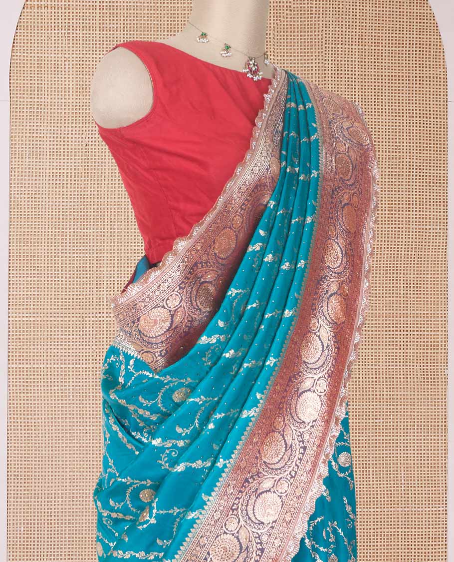 Persian green jacquard with micro stonework banaras nylon silk saree, contrast floral creeper zari and stone work border, and intricately zari woven pallu - Image 3