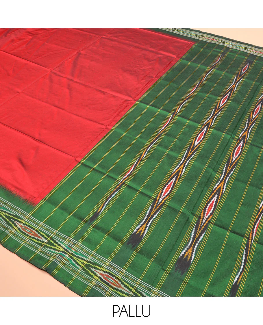 Persian Red Plain Ikkat Silk Saree with a Contrast Green Border Beautified by a Hazy Ikkat Weave, and a Pallu Depicting Stripes and Ikkat Texture - Image 5