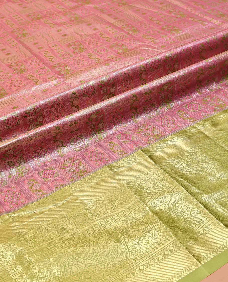 Pink Art Silk Material Half Saree Set, Elegantly Highlighted with Jacquard Design Skirt, a Contrast Traditional Zari Design Border, Contrast Zari-Jacquard Blouse, and a Dhavani of Paisley Designs - Image 5