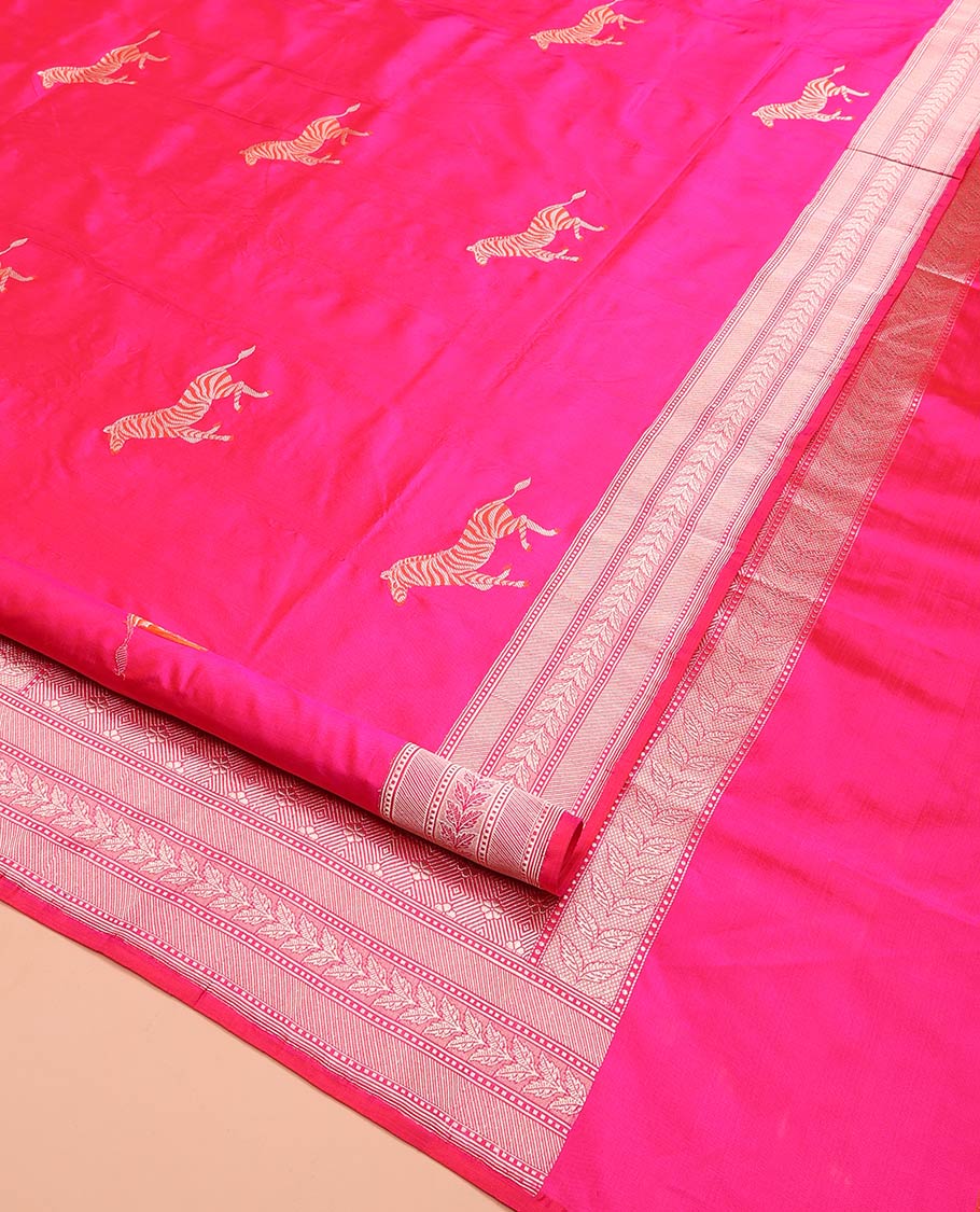 Pink Banarasi Silk Saree Accentuated with Zebra Motifs All Over Its Body, a Subtle Border of Traditional Designs, Pallu Decked Up with Floral and Diamond Designs, and Paired with a Matching Blouse - Image 6