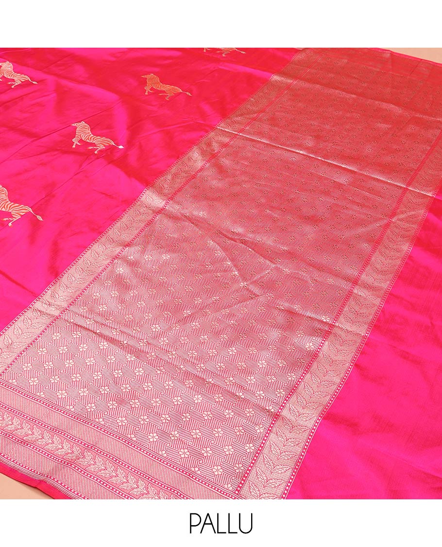 Pink Banarasi Silk Saree Accentuated with Zebra Motifs All Over Its Body, a Subtle Border of Traditional Designs, Pallu Decked Up with Floral and Diamond Designs, and Paired with a Matching Blouse - Image 8