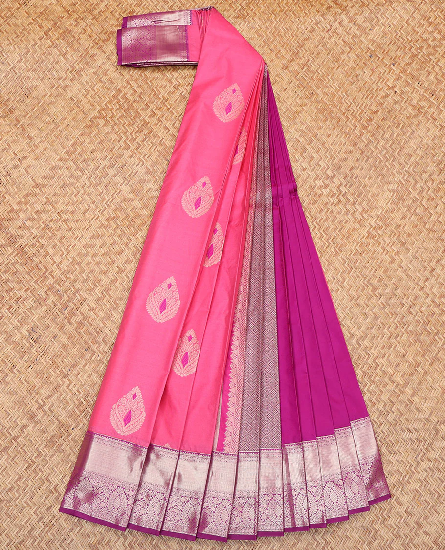 Pink Budget Silk Saree, Beautified with Zari Buttas All Over Its Body, Complemented by a Contrast Traditional Zari Design Border, Grand Jaal Pallu, and Paired with a Contrast Blouse - Image 2
