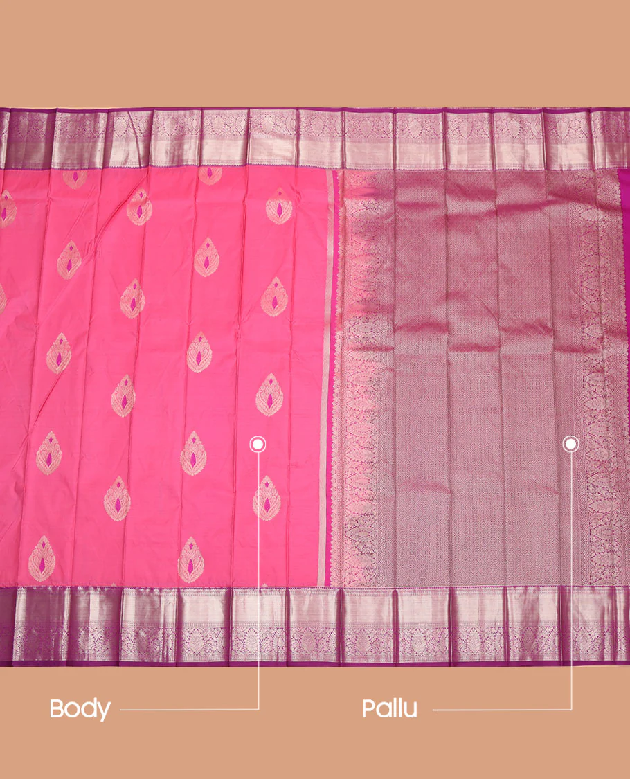 Pink Budget Silk Saree, Beautified with Zari Buttas All Over Its Body, Complemented by a Contrast Traditional Zari Design Border, Grand Jaal Pallu, and Paired with a Contrast Blouse - Image 3