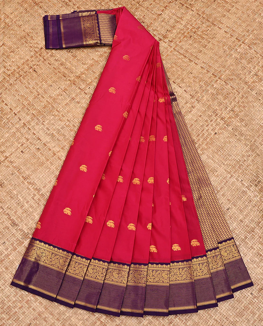 Pink Budget Silk Saree, Bedecked with Elephant Buttas All Over Its Body, Complemented by a Contrast Traditional Zari Border of Peacock Designs, Pallu of Jaal Designs, and Paired with a Contrast Blouse - Image 2