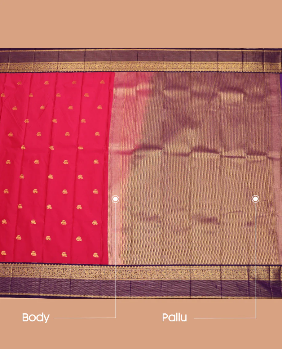 Pink Budget Silk Saree, Bedecked with Elephant Buttas All Over Its Body, Complemented by a Contrast Traditional Zari Border of Peacock Designs, Pallu of Jaal Designs, and Paired with a Contrast Blouse - Image 3