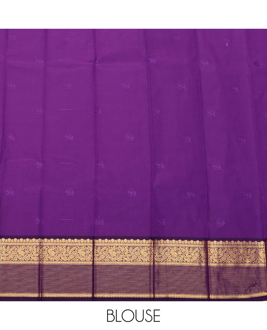 Pink Budget Silk Saree, Bedecked with Elephant Buttas All Over Its Body, Complemented by a Contrast Traditional Zari Border of Peacock Designs, Pallu of Jaal Designs, and Paired with a Contrast Blouse - Image 4