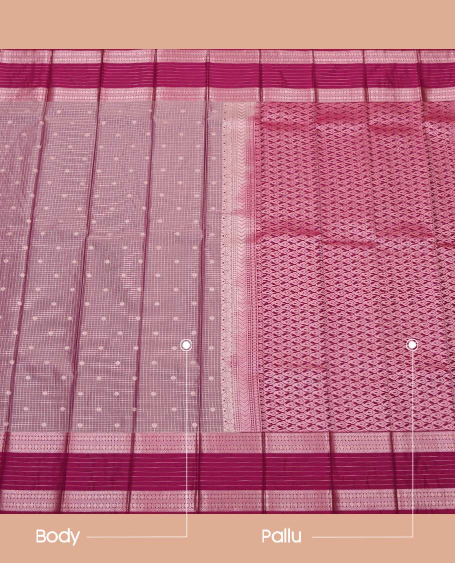 Pink Budget Silk Saree, Prettified with Zari Butta and Checks on Its Body, Complemented by a Contrast Traditional Zari Design Border, Grand Jaal Pallu, and Paired with a Contrast Blouse - Image 3