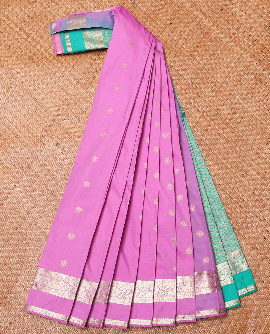 Pink Budget Silk Saree, Prettified with Zari Buttas on Its Body, Traditional Zari Design Rettai Pettu Border, Captivating Contrast Pallu Depicting Intricate Designs, and Paired with a Contrast Blouse - Image 2