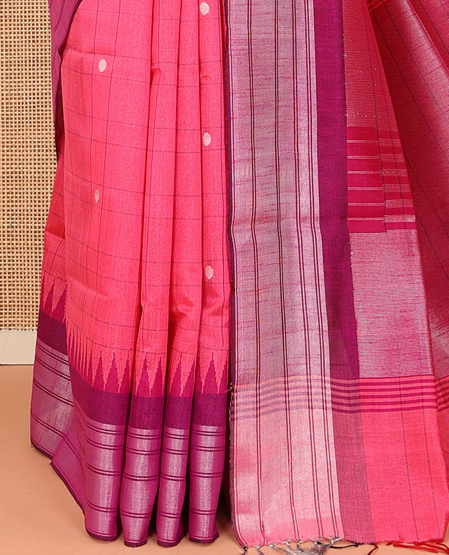 Pink buttas and checked dupion saree, contrast temple border, and pallu of temple designs - Image 3