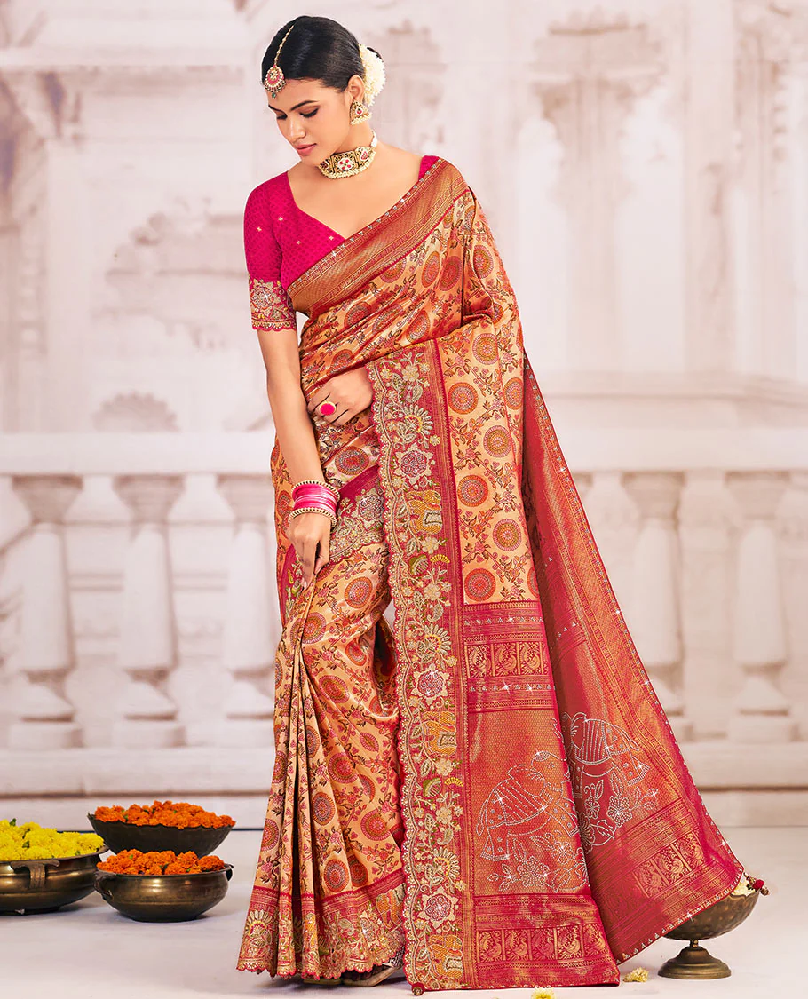 Gold-base marigold flower enclosed jaal jacquard designer saree, contrast scallop embroidered border, and pallu of elephant motifs crafted in stone work