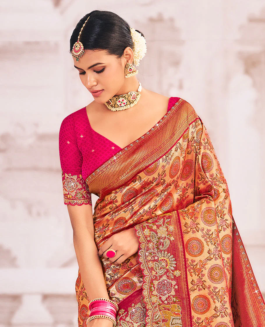 Gold-base marigold flower enclosed jaal jacquard designer saree, contrast scallop embroidered border, and pallu of elephant motifs crafted in stone work - Image 2