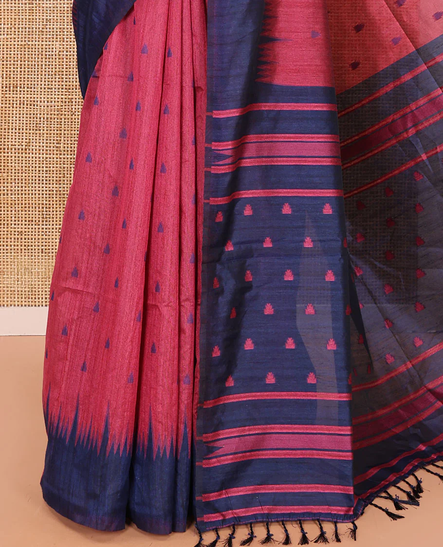 Pink buttas semi-jute saree with contrast temple border, thread striped pallu, and a contrast thread buttas blouse - Image 3
