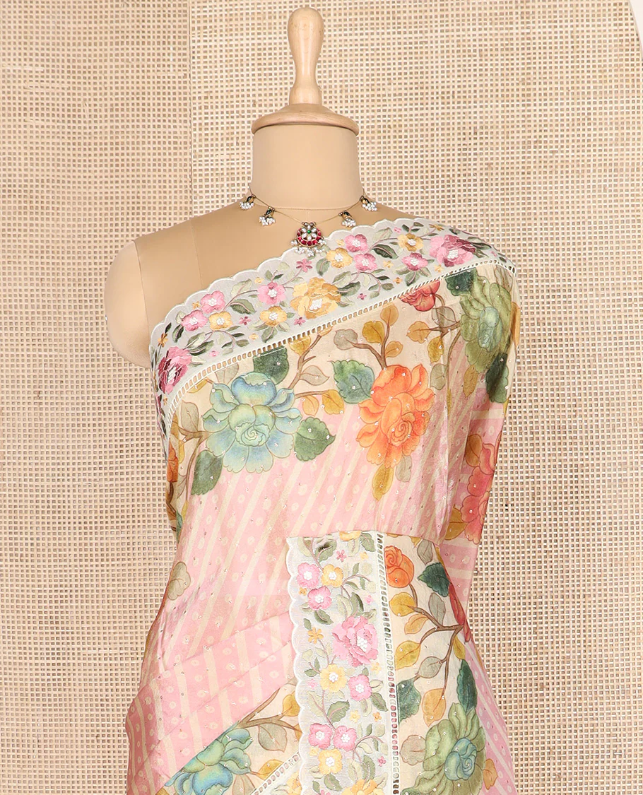 Pink buttas with bandhani and floral printed dola silk saree, contrast floral embroidered scallop border - Image 3