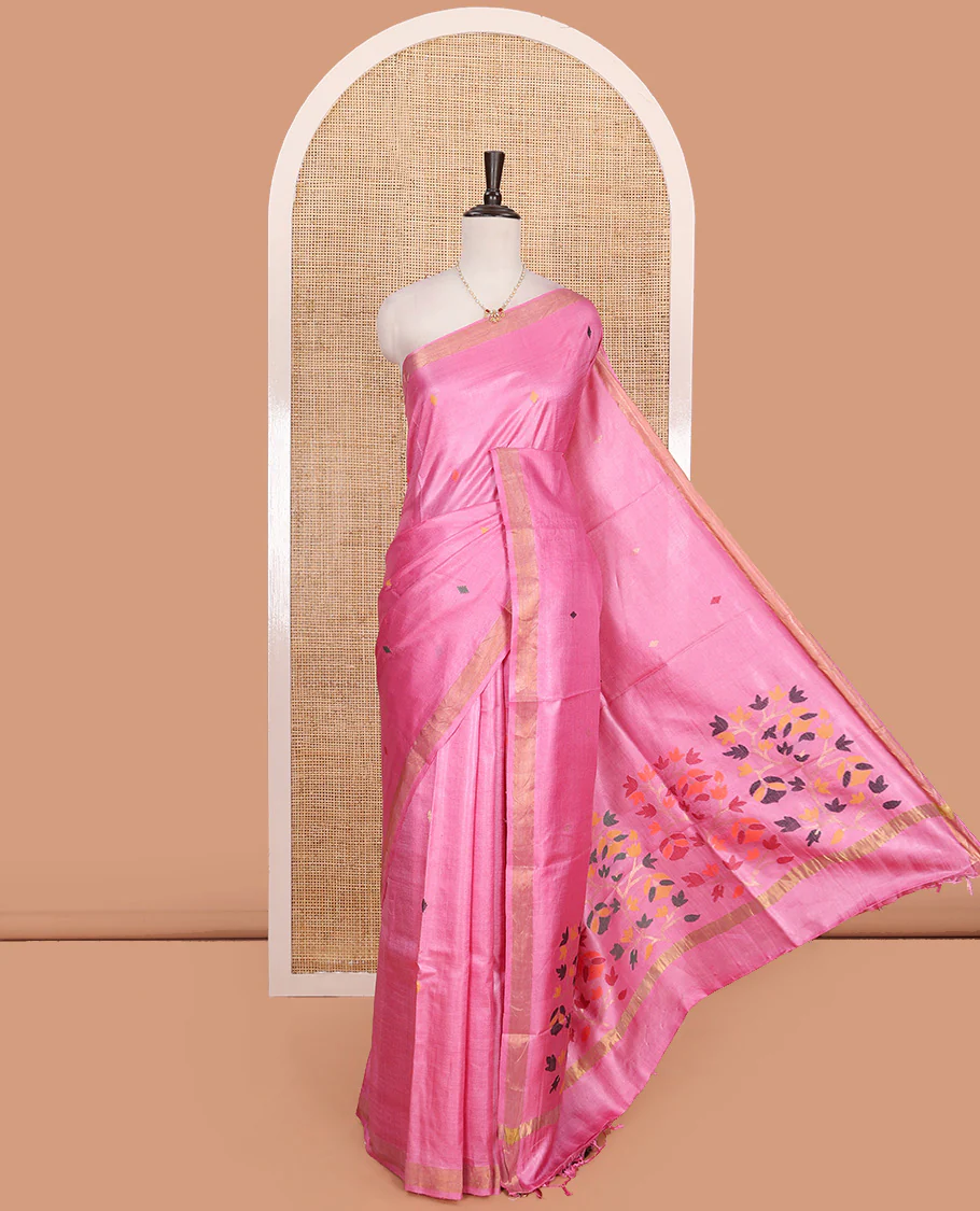 Pink buttas woven tussar saree, piping border, and pallu of floral designs