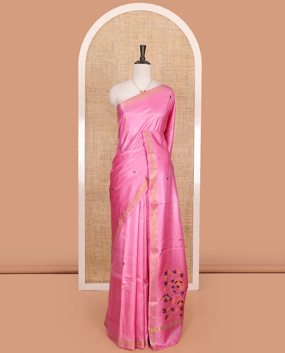 Pink buttas woven tussar saree, piping border, and pallu of floral designs - Image 2