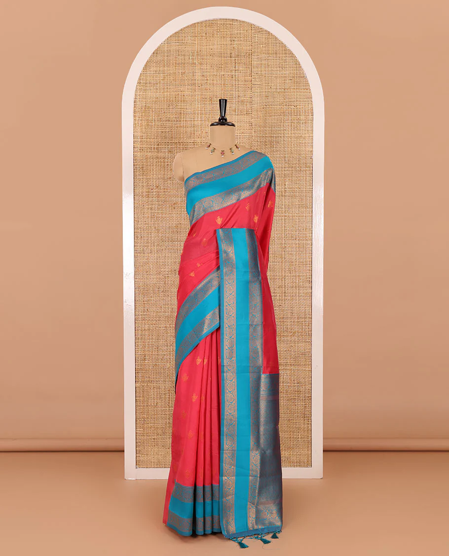 Pink copper zari buttas elite soft silk saree , contrast zari weaving border , contrast brocade rich pallu with tussels , and contrast brocade blouse - Image 2