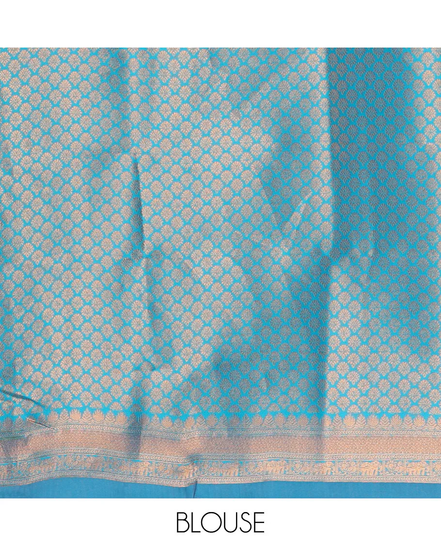Pink copper zari buttas elite soft silk saree , contrast zari weaving border , contrast brocade rich pallu with tussels , and contrast brocade blouse - Image 4