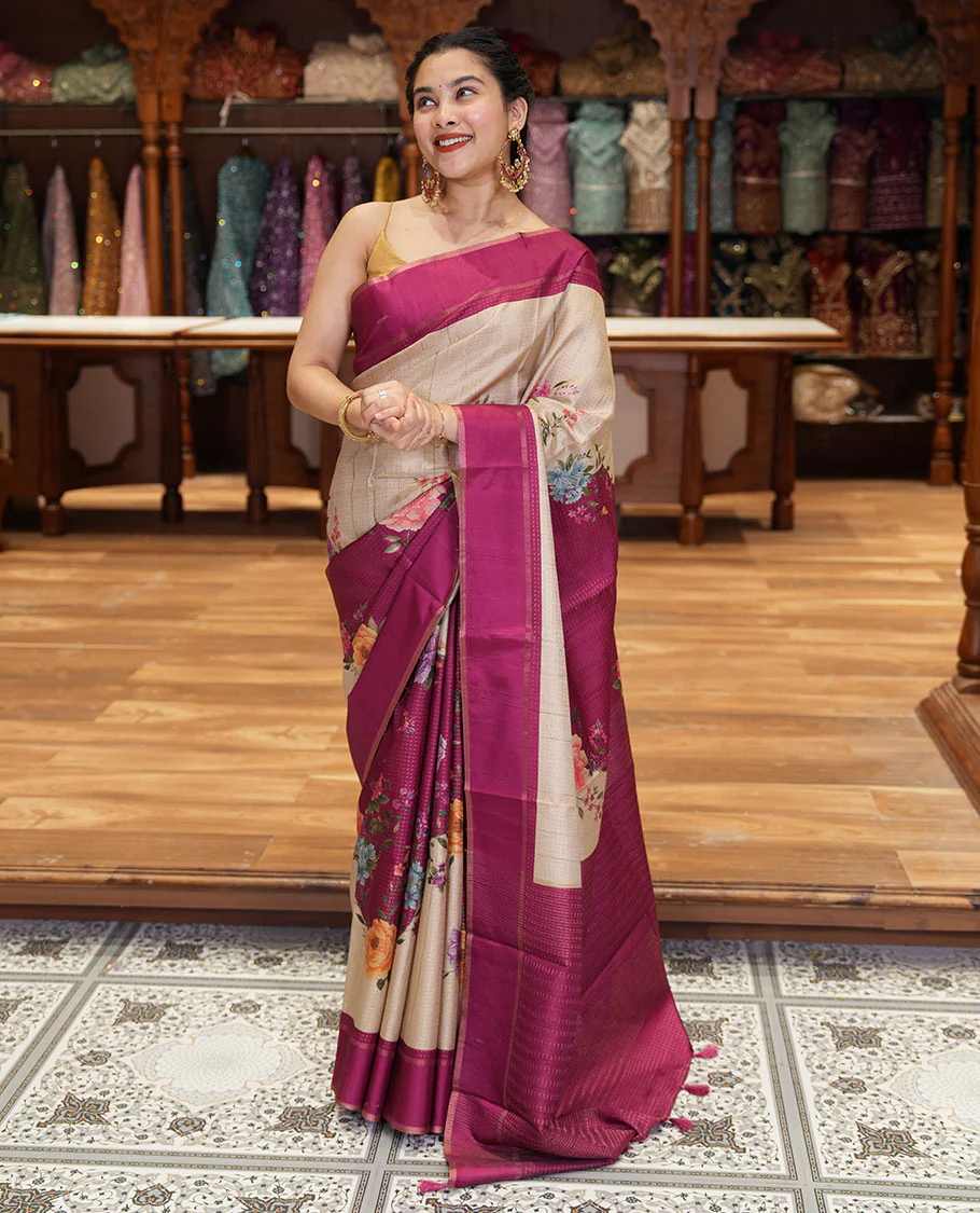 Pink diagonal floral striped digital printed fancy tussar saree, contrast striped border, zari design pallu, and a contrast floral printed blouse - Image 2