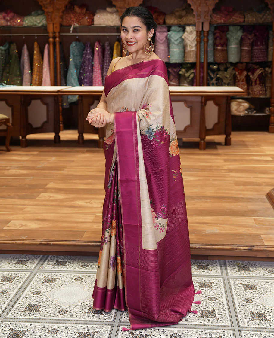 Pink diagonal floral striped digital printed fancy tussar saree, contrast striped border, zari design pallu, and a contrast floral printed blouse - Image 3
