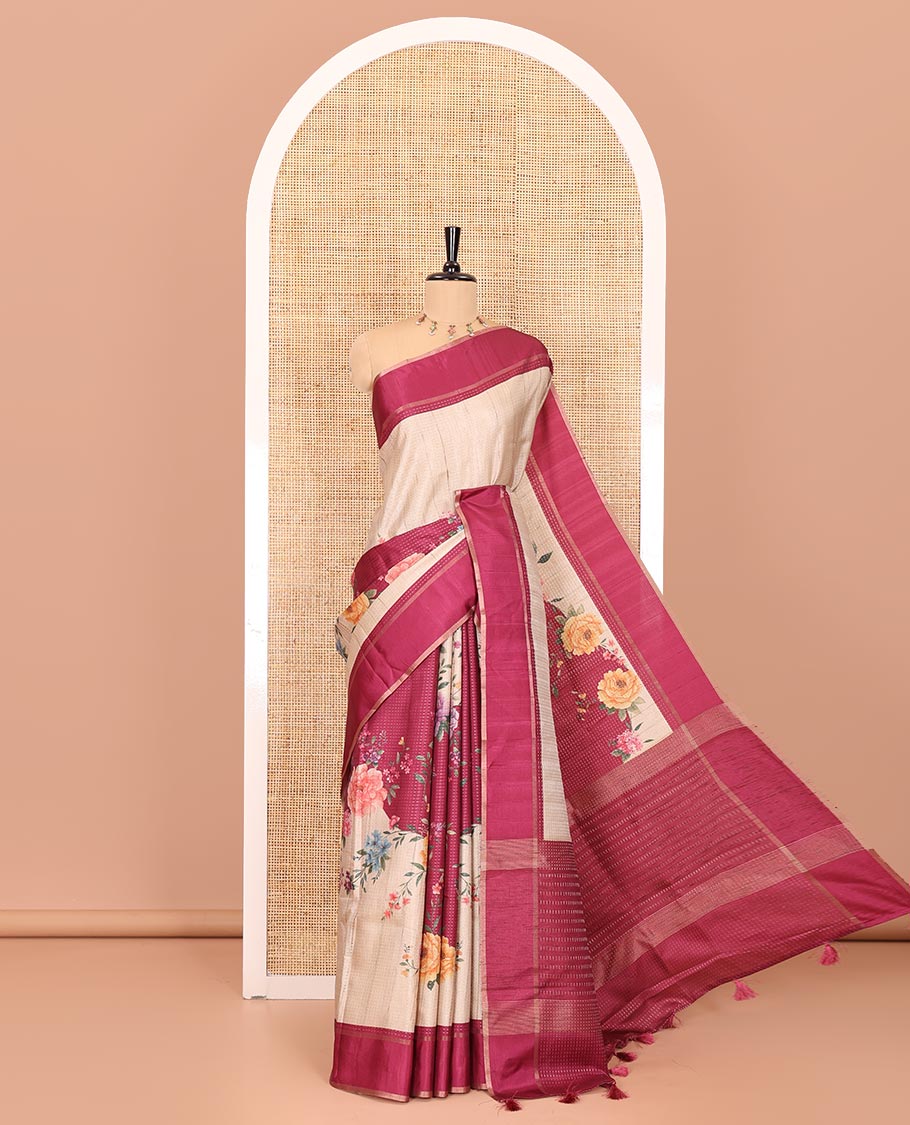 Pink diagonal floral striped digital printed fancy tussar saree, contrast striped border, zari design pallu, and a contrast floral printed blouse - Image 4