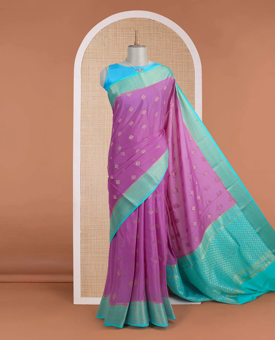 Pink diamond Zari buttas Mysore silk saree, contrast traditional zari border, and gleaming zari woven jaal pallu - Image 2