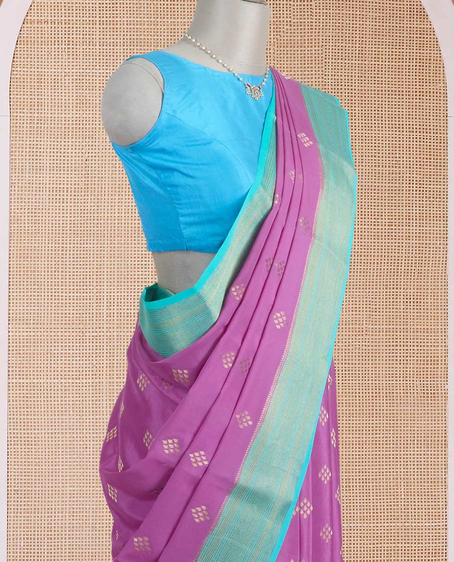 Pink diamond Zari buttas Mysore silk saree, contrast traditional zari border, and gleaming zari woven jaal pallu - Image 3