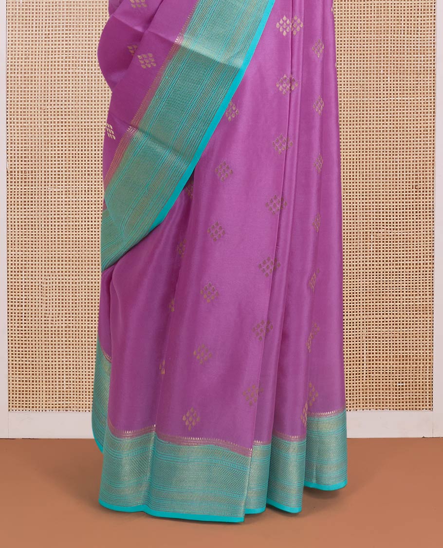 Pink diamond Zari buttas Mysore silk saree, contrast traditional zari border, and gleaming zari woven jaal pallu - Image 4