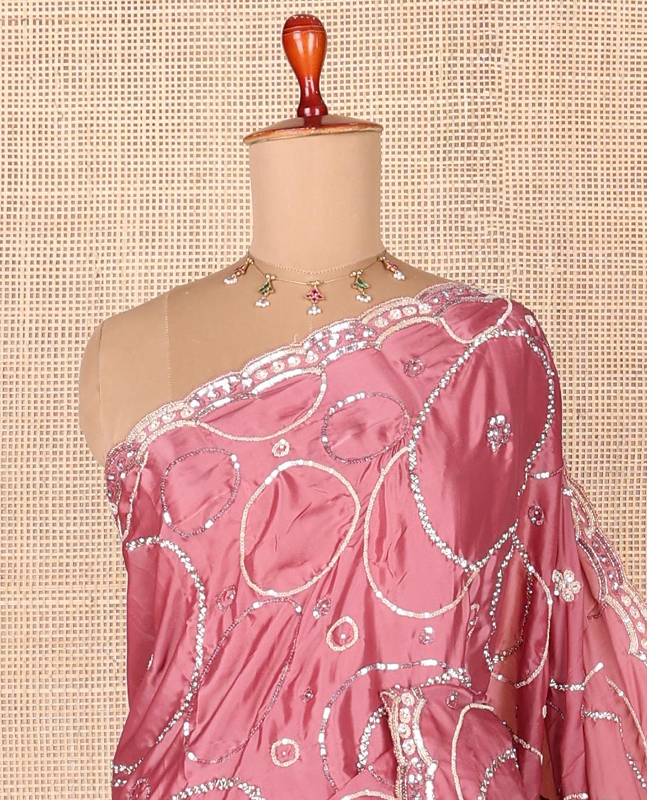 Pink embroidered designer saree features circular-shaped motifs woven in stones & sequins, scallop embroidered border - Image 2