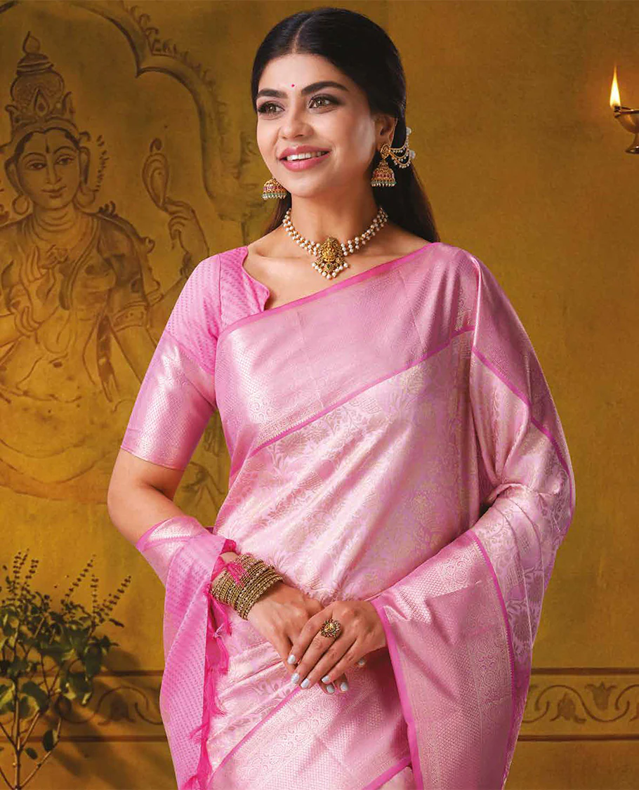 Pink floral jacquard kanchipuram wedding silk saree, contrast traditional zari design border, and jaal pallu - Image 2