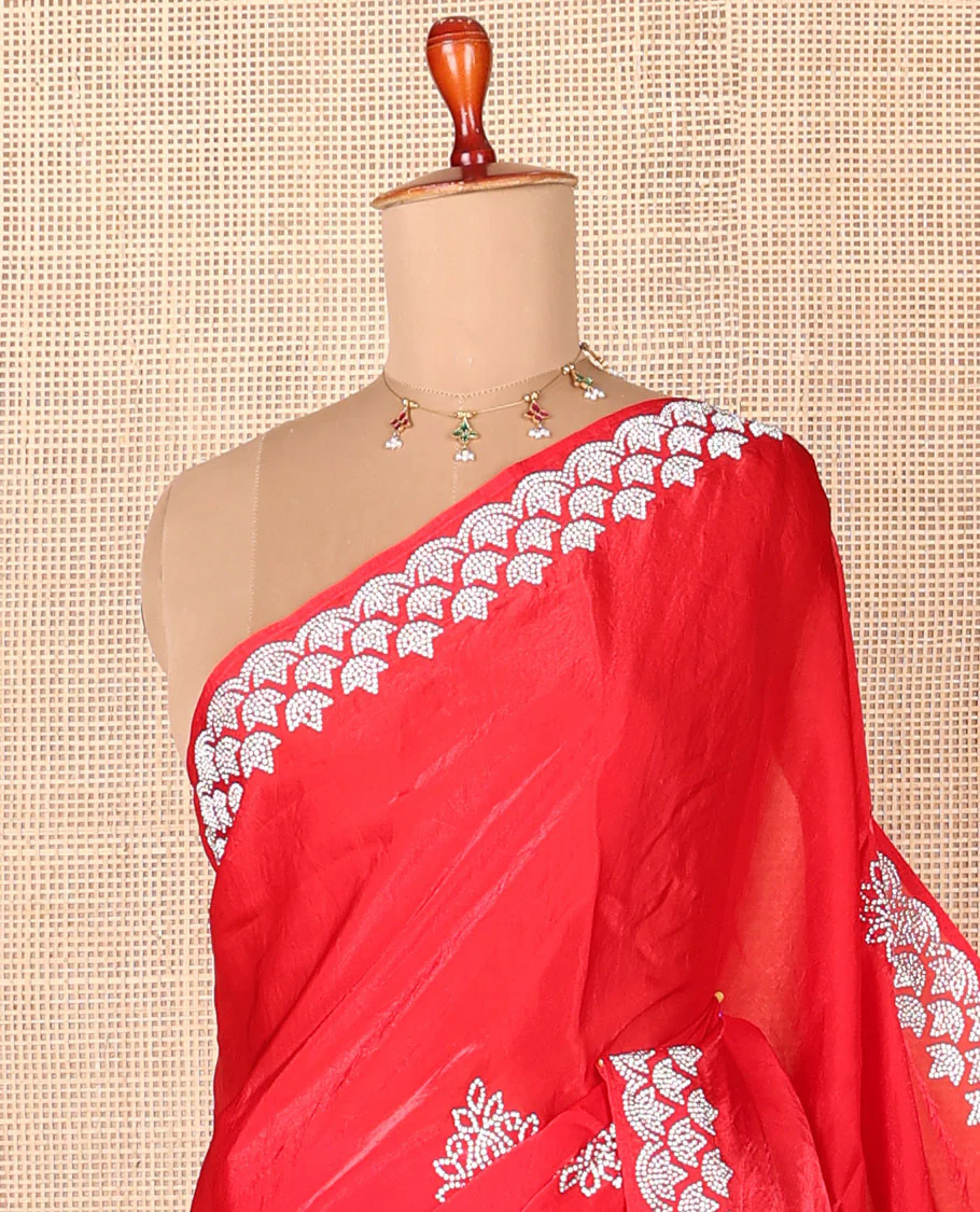 Red stone embroidered motifs designer saree, stone embroidered border - Image 2