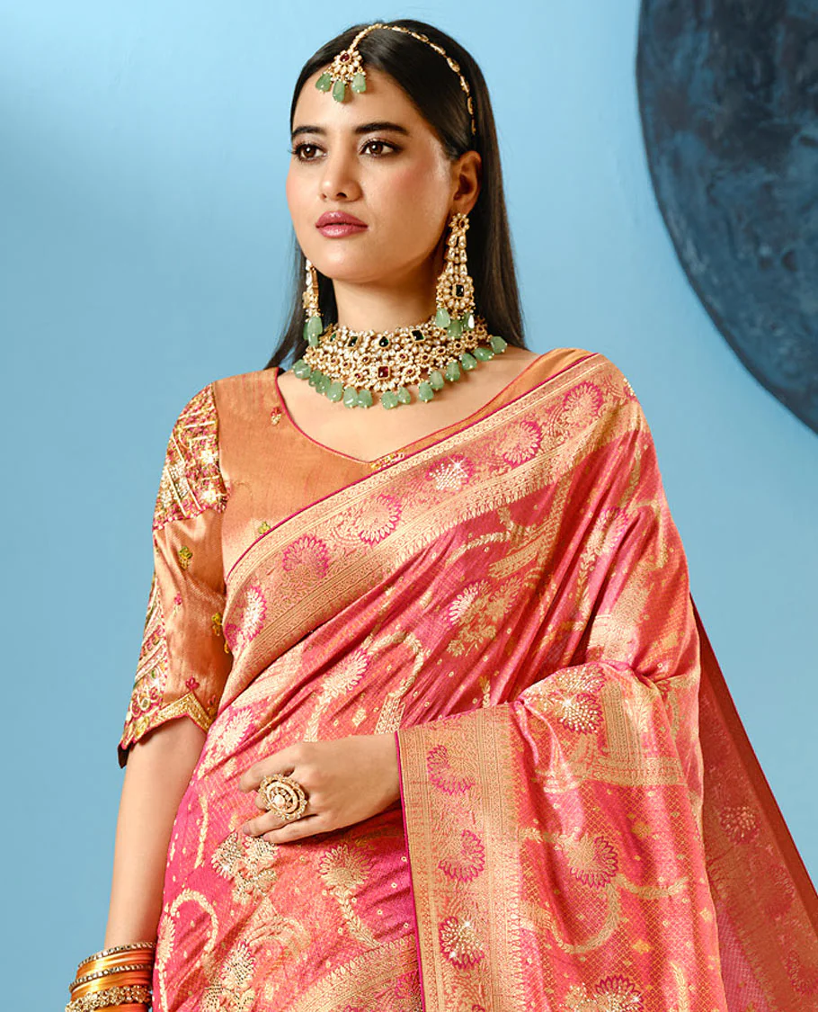 Pink Floral Zari Design and Micro-Stone Work Accentuated Designer Saree with a Zari-Stonework Floral Creeper Border, Intricately Embroidered Pallu, and a Contrast Blouse Complemented by Embroidery - Image 2