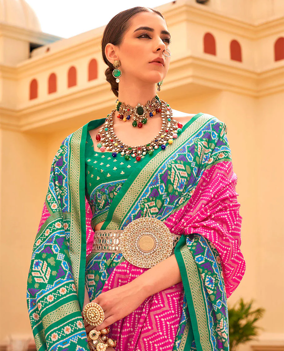 Pink-green patola chevron striped designer catalog saree, contrast diamond ikkat border, and pallu of diamond patterns - Image 2