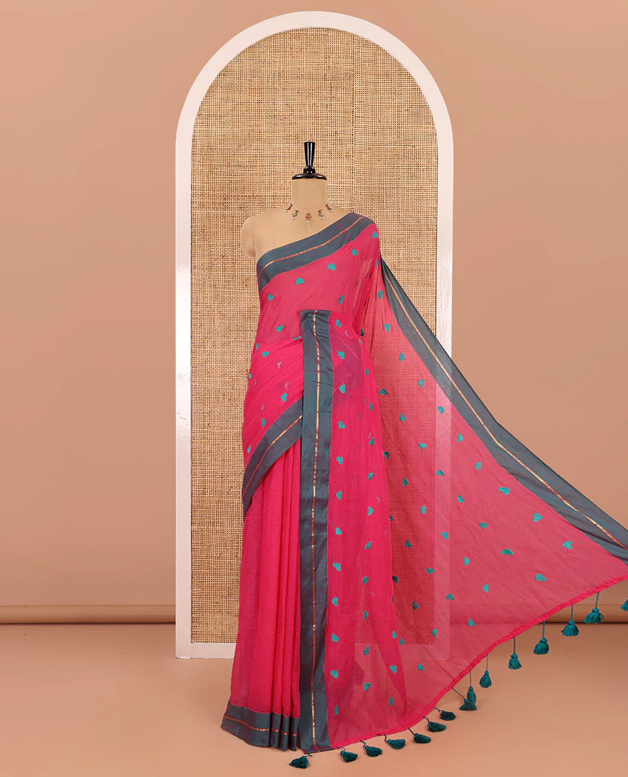 Pink heart motif thread-embroidered khadi mul cotton saree, contrast zari striped border, self-pallu with tassels, and a plain blouse